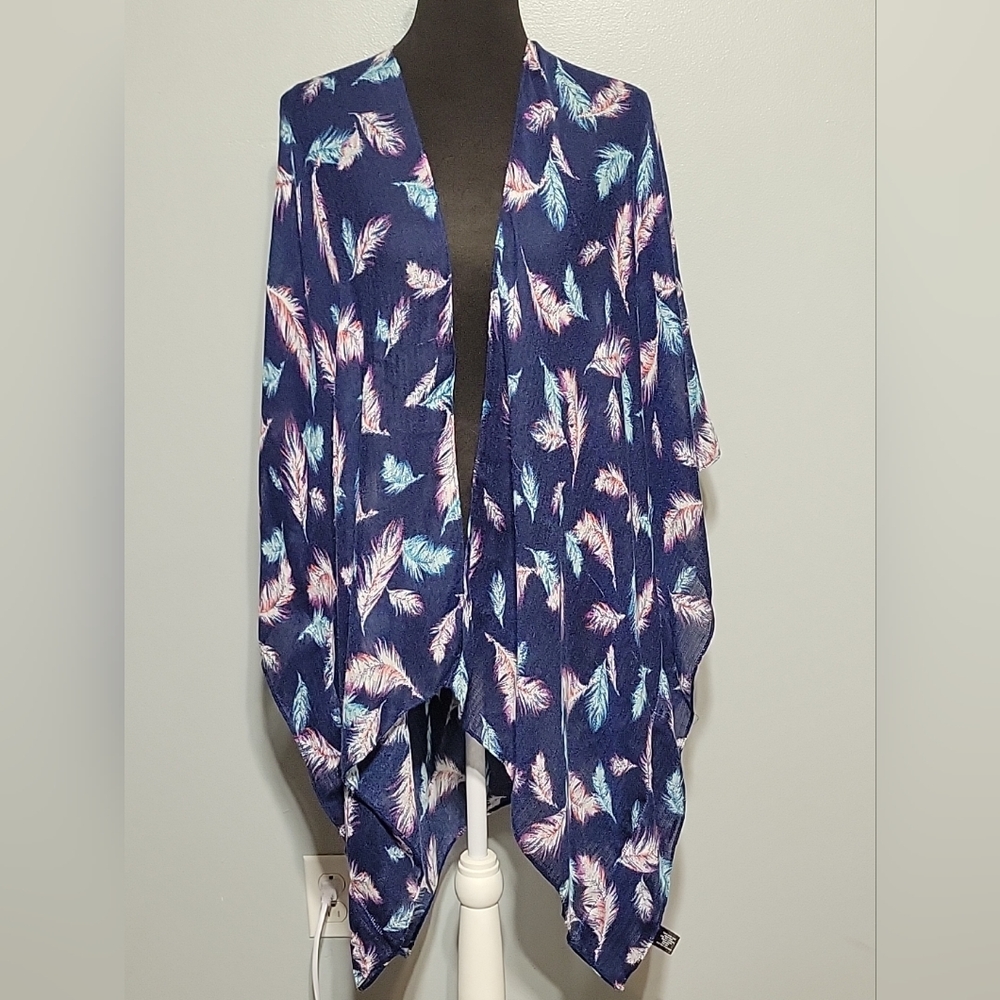 Lane Bryant Womens Blue Feather Pattern Oversized Kimono Cover Up Cardigan Sz OS